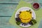 Funny froggy pancake for kids with fresh blueberries