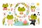 Funny frogs pond. Cartoon amphibian. Lotus flowers and reeds. Floral wreath. Dragonfly insects. Clouds and sun. Toads in