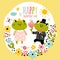Funny frogs poster. Cute kawaii card with animals. Couple in love. Happy Valentines day. Toads celebrating romantic