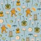 Funny frogs in rain clothes seamless pattern background print