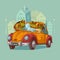 Funny frogs in retro car. Vector illustration. Anthropomorphic frogs