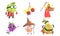 Funny Fruit Cartoon Characters Wearing Wizard and Superhero Costume Set, Apple, Cherry, Banana, Blackberry, Pear Vector