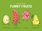 Funny fruit character jump walk, tropical food leap flat vector illustration. Watermelon, pear, dragon fruit and durian