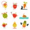 Funny fruits make fitness exercises. Vector cartoon set with diet foods