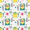Funny fruits seamless pattern. Cute hand drawn lemons with water bottle and beach mat. Tropical summer citruses. Happy