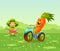 Funny fruits and vegetables cartoon character. Carrot rides in bike by meadow. Cute food characters vector