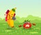 Funny fruits and vegetables cartoon character. Tomato goes in for sports, raises dumbbells, banana shoots sports activities on