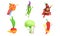 Funny Fruits and Vegetables Characters Wearing Wizard and Superhero Costume Set, Orange, Cucumber, Eggplant, Onion
