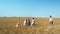 Funny games with dog labrador, children throw stick to a pet in wheat field on the background of blue sky, camera in