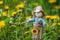 funny garden scarecrow awaits guests in the thickets of dandelions