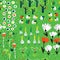 Funny garden seamless pattern in spring with flowers, trees, veg