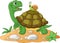 Funny garden snail taking a lift on a turtle\'s back