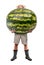 Funny gardener carrying a large watermelon.