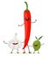 Funny garlic, chili and olive together. Vector isolate in cartoon flat style on a white background.