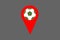 A funny geolocation sign or pin for football fans. Virtual symbol with green grass in shape of soccer ball in center