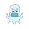 Funny ghost mascot with covid face mask. Crazy drawing of a blue halloween spirit character