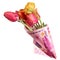 Funny gift, bouquet of colorful tulip flowers wrapped in banknote