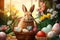 Funny ginger bunny sits in a basket of colorful Easter eggs on floral background