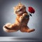 Funny ginger cat in a jump, laughing, holding a red rose in his front paw. birthday greeting card