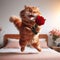 Funny ginger cat in a jump, laughing, holding a red rose in his front paw. birthday greeting card