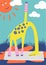 Funny giraffe doing outdoor yoga in a park. Kid book illustration.