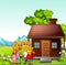 Funny Giraffe Family in Front of Wood House In Grass Field With Mountain Range Background Cartoon