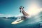 Funny giraffe surfing on a wave.Sunny day. Summer concept. AI generative