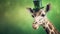 Funny giraffe wearing grenn hat celebrating Saint Patrick Day