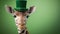 Funny giraffe wearing grenn hat celebrating Saint Patrick Day