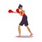 Funny girl boxer posing in black shorts with red boxing gloves. Vector illustration in the flat cartoon style