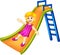 Funny girl cartoon playing slide with smile and waving