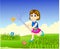 Funny girl cartoon running with smile and catching butterfly