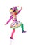 Funny girl clown with a big colorful wig dancing