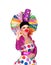 Funny girl clown with a big colorful wig saying Ok