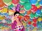 Funny girl clown with a big colorful wig saying Ok