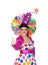 Funny girl clown with a big colorful wig saying Ok