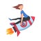 Funny Girl Flying on Space Rocket, Leadership, Achievement, Competition, Success Concept Cartoon Style Vector