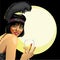 Funny girl with glass of champagne.Moon background