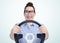 Funny girl in glasses with car steering wheel, auto concept