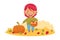 Funny Girl Harvesting Picking Apples in Wicker Basket Enjoying Autumn Season Vector Illustration