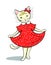 Funny girl kitty in red dress. Cute smiling she white kitten. Beauty pretty cat. Kids style vector cartoon comics art.