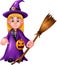 Funny Girl In Purple Witch Costume Cartoon
