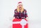Funny girl push big gift box full length concept. Promotion and bonuses. Funny woman holding a big Christmas present