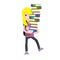 Funny girl student carries heavy stack of books. Problems of children