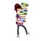 Funny girl student carries heavy stack of books. Problems of teaching children