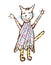 Funny she girl tabby doodle cat in dress. Wax crayon like child`s hand drawn cute smiling lady kitten.