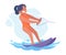Funny Girl Waterskiing Doing Water Sport Activity Vector Illustration