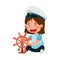 Funny Girl Wearing Mariner Costume and Forage Cap Playing Sailor Vector Illustration