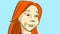 Funny girl with wide open eyes. Red haired young woman portrait in cartoon style