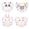 Funny girlish seamless pattern with cute kitty, dog, rabbit, faces.